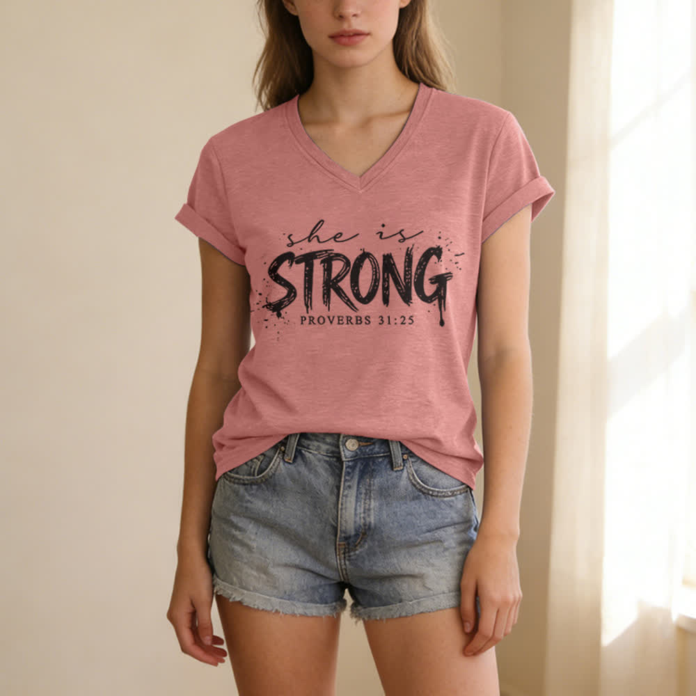 Christianartworkshop She Is Strong Proverbs 31:25 Casual V-neck T-shirt - image 11