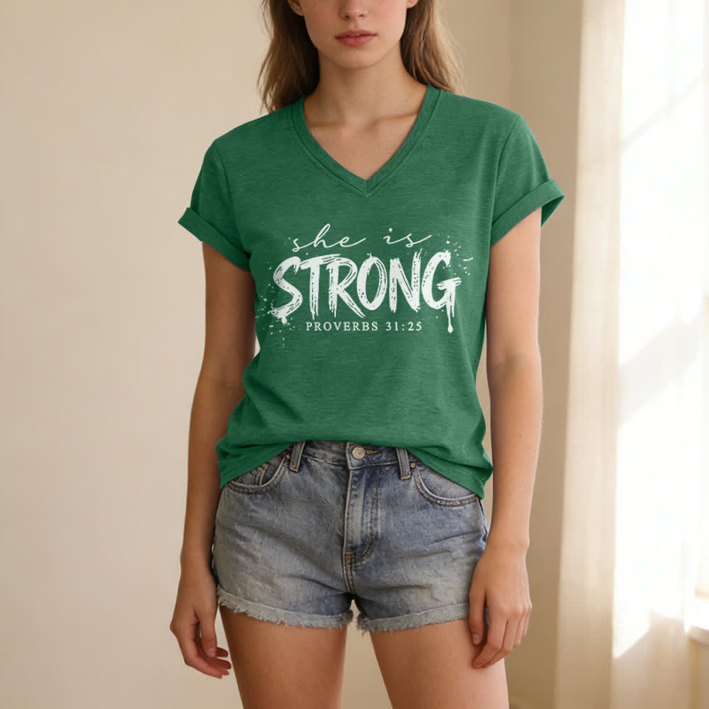Christianartworkshop She Is Strong Proverbs 31:25 Casual V-neck T-shirt - image 15