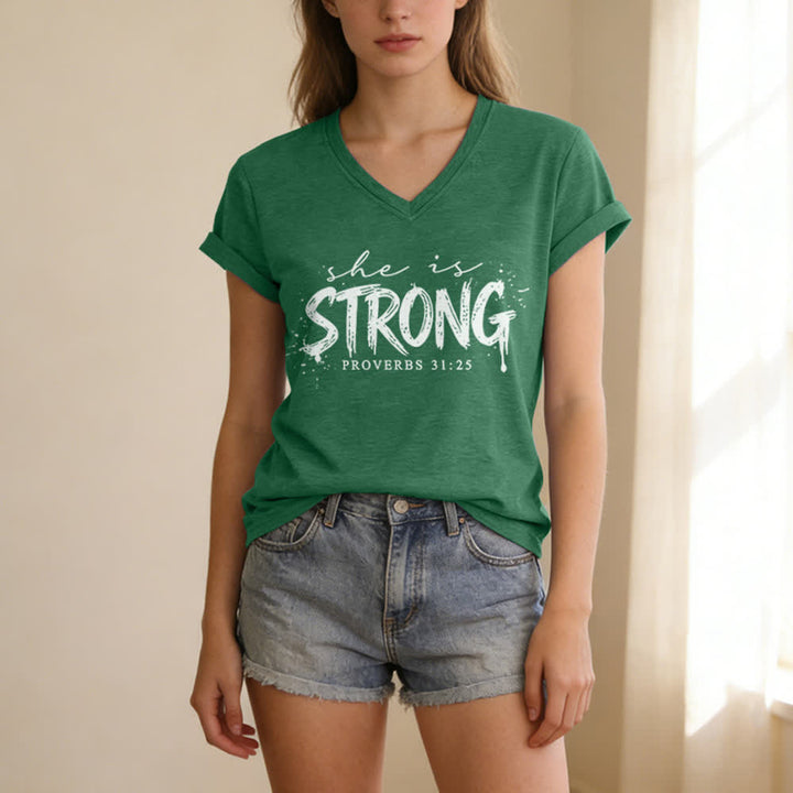Christianartworkshop She Is Strong Proverbs 31:25 Casual V-neck T-shirt - image 15