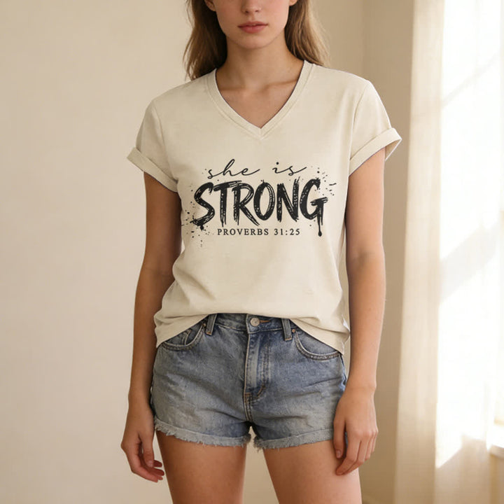 Christianartworkshop She Is Strong Proverbs 31:25 Casual V-neck T-shirt - image 5