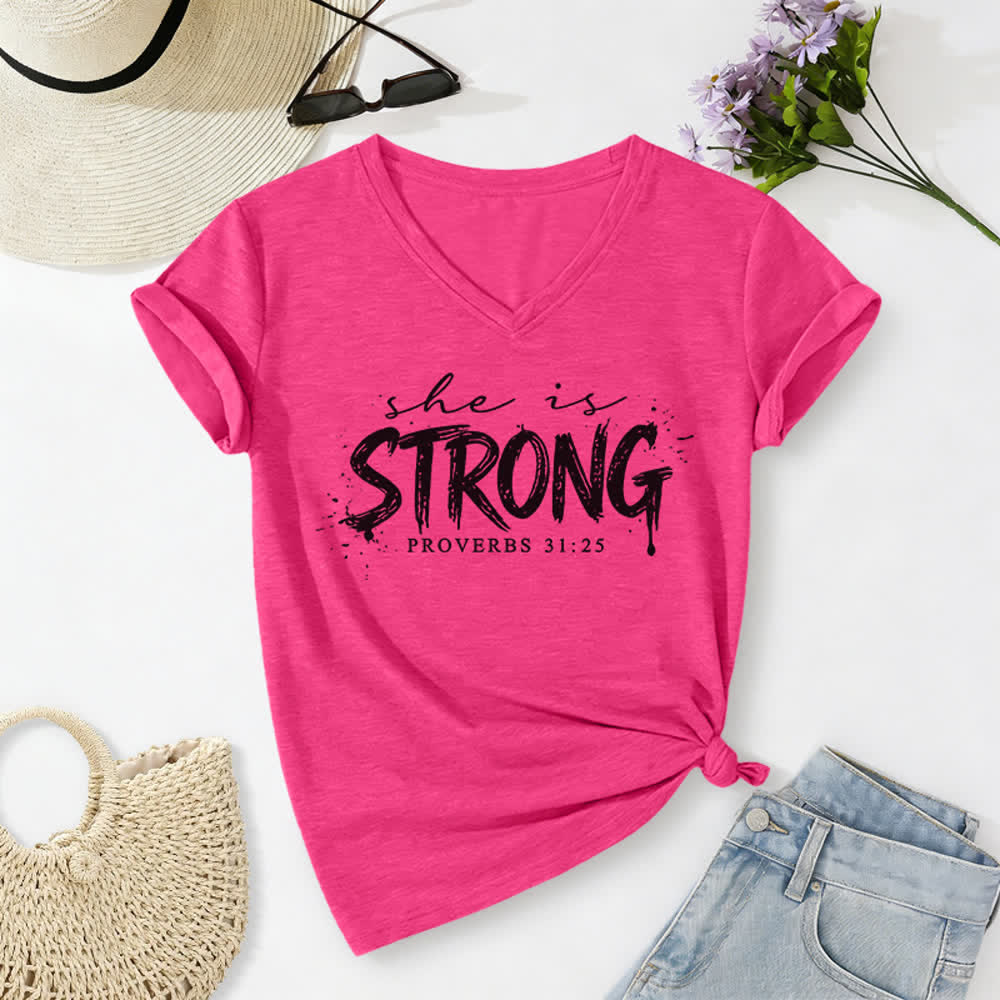 Christianartworkshop She Is Strong Proverbs 31:25 Casual V-neck T-shirt - Rose - 2XL - image 24