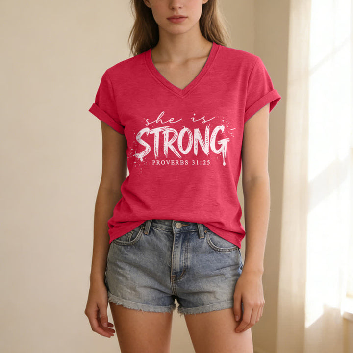 Christianartworkshop She Is Strong Proverbs 31:25 Casual V-neck T-shirt - image 23