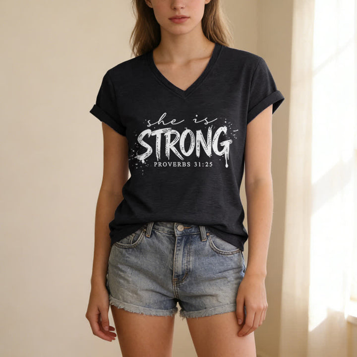 Christianartworkshop She Is Strong Proverbs 31:25 Casual V-neck T-shirt - image 13