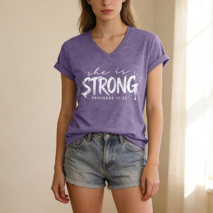 Christianartworkshop She Is Strong Proverbs 31:25 Casual V-neck T-shirt - image 16