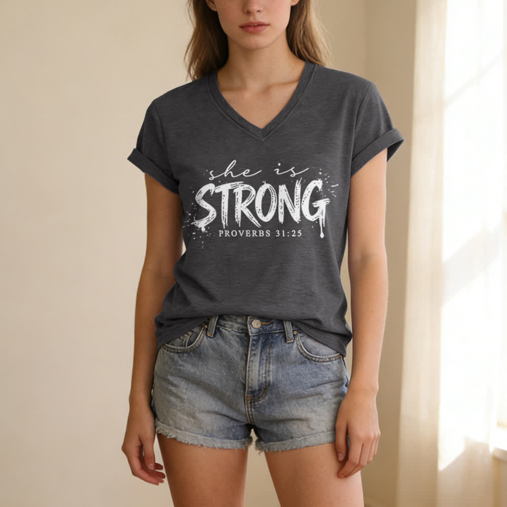 Christianartworkshop She Is Strong Proverbs 31:25 Casual V-neck T-shirt - image 21