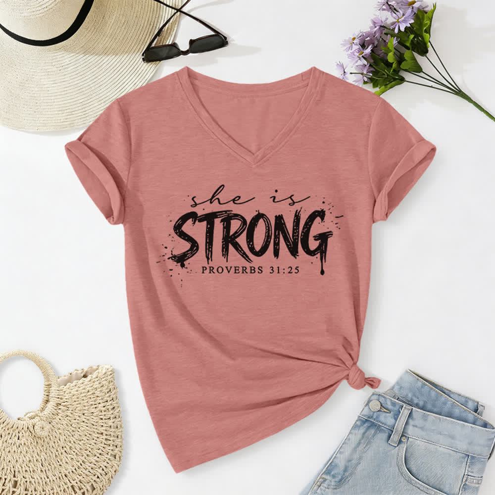 Christianartworkshop She Is Strong Proverbs 31:25 Casual V-neck T-shirt - Light Pink - 2XL - image 10