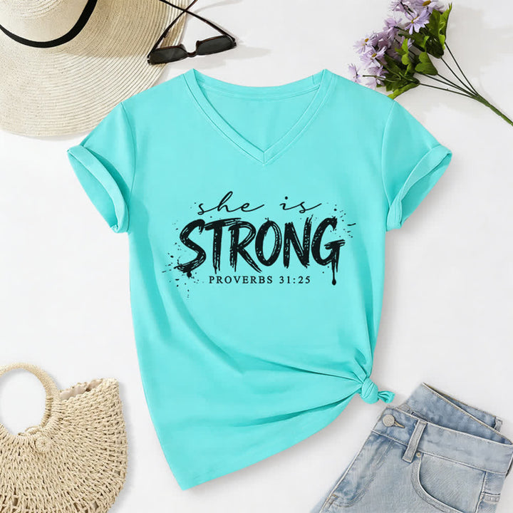 Christianartworkshop She Is Strong Proverbs 31:25 Casual V-neck T-shirt - Sky Blue - 2XL - image 8