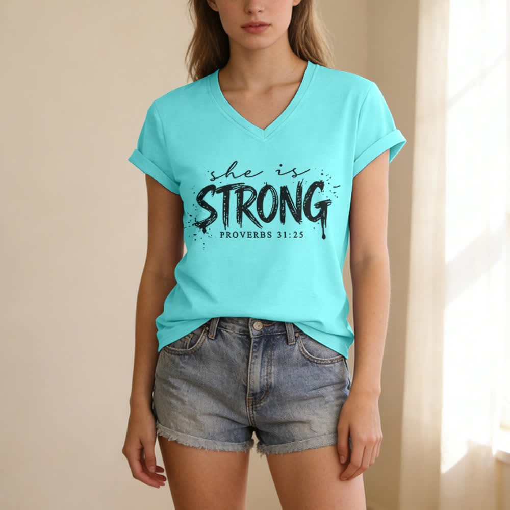 Christianartworkshop She Is Strong Proverbs 31:25 Casual V-neck T-shirt - image 9