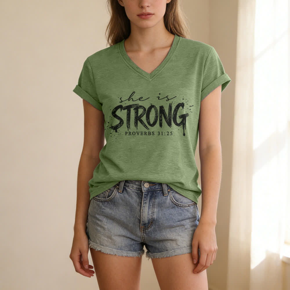 Christianartworkshop She Is Strong Proverbs 31:25 Casual V-neck T-shirt - image 1