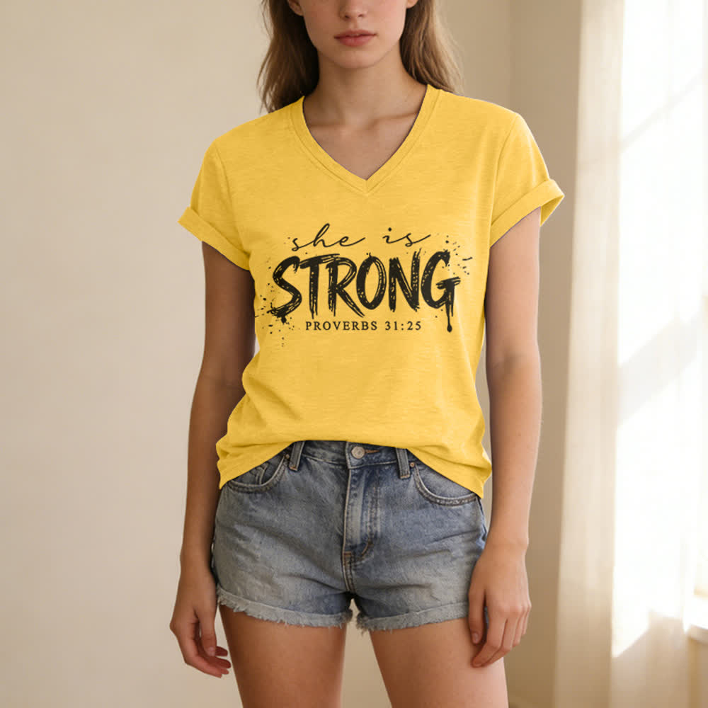 Christianartworkshop She Is Strong Proverbs 31:25 Casual V-neck T-shirt - image 7