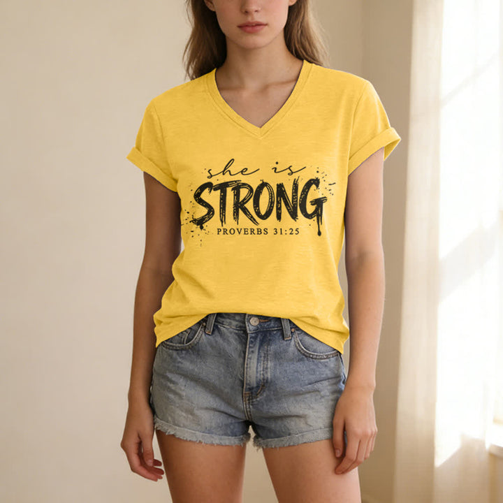 Christianartworkshop She Is Strong Proverbs 31:25 Casual V-neck T-shirt - image 7