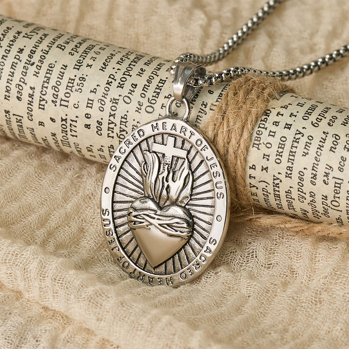 FREE Today: Tri-Color Sacred Heart & Cross Dual-Sided Medallion Necklace: Emblem of Divine Love - Silver - image 2