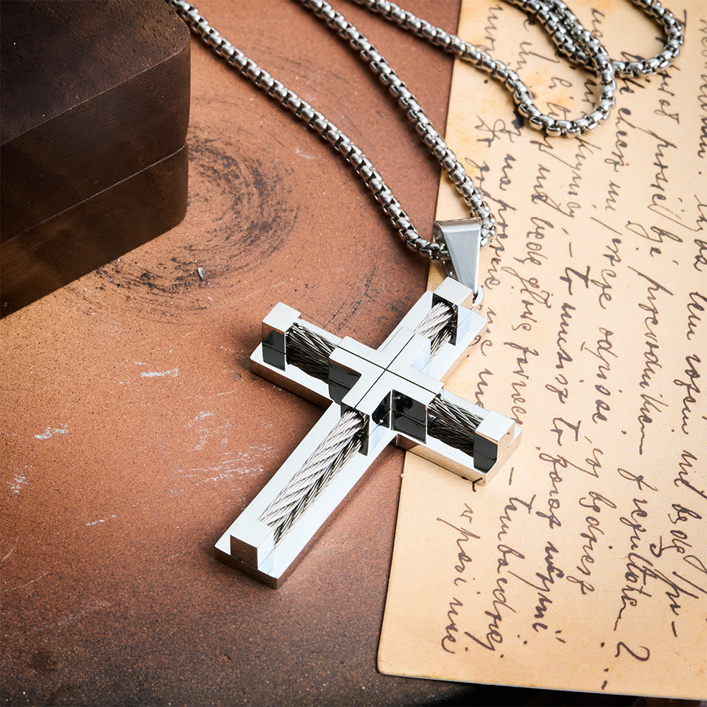 Christianartworkshop Three-Color Dual-Layer Twisted Steel Core Cross Necklace: Light of Divine Faith in Every Wear - Silver - image 1