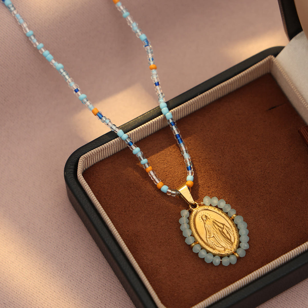Christianartworkshop Beaded Border Our Lady Medal Necklace: Emblem of Marian Devotion - Blue - image 5
