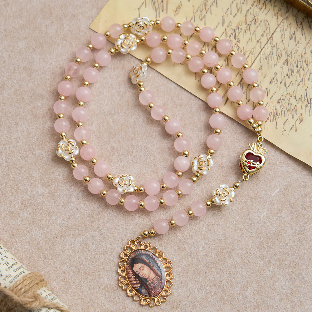 Christianartworkshop Rose Quartz Seven Sorrow Rosary: Emblem of Marian Compassion - Rose Quartz Rosary - image 0