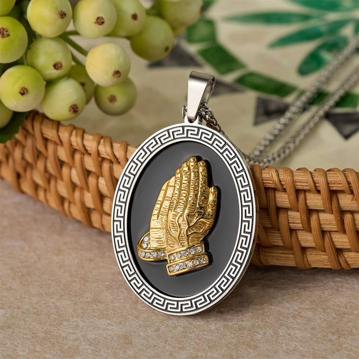 Christianartworkshop Oval Praying Hands CZ Statement Necklace: Symbol of Divine Connection - Silver - image 1