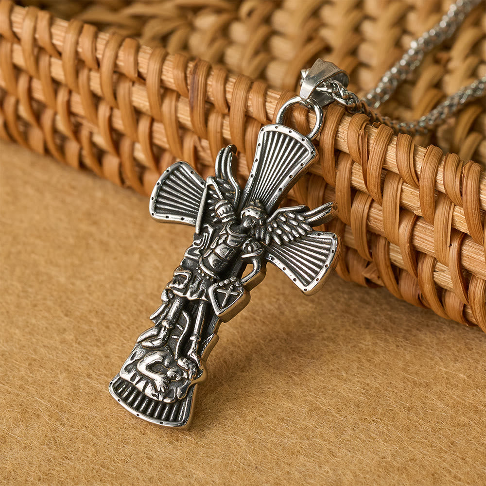 Christianartworkshop St. Michael Archangel Defeating Satan Cross Pendant: Emblem of Divine Protection - Silver - image 2