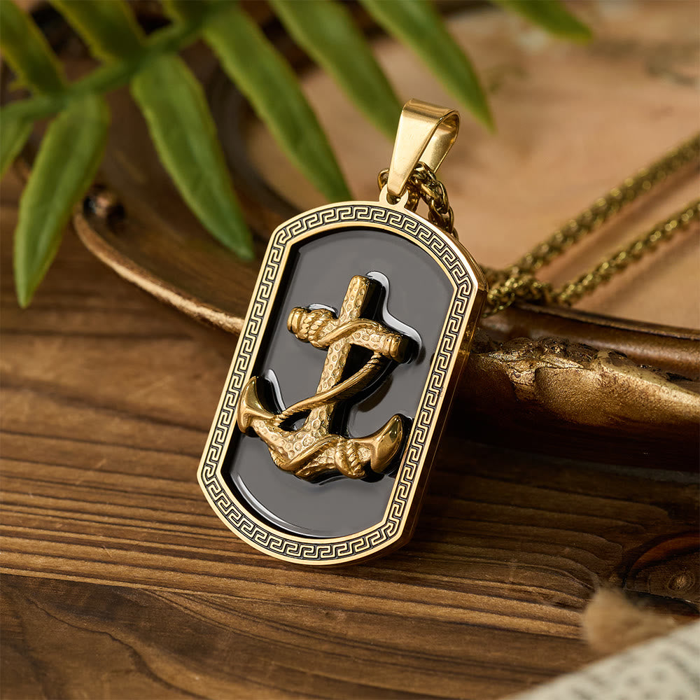 Christianartworkshop Anchor Cross Greek Key Dog Tag Pendant Necklace: Emblem of Faith & Steadfast Hope - Gold - image 0