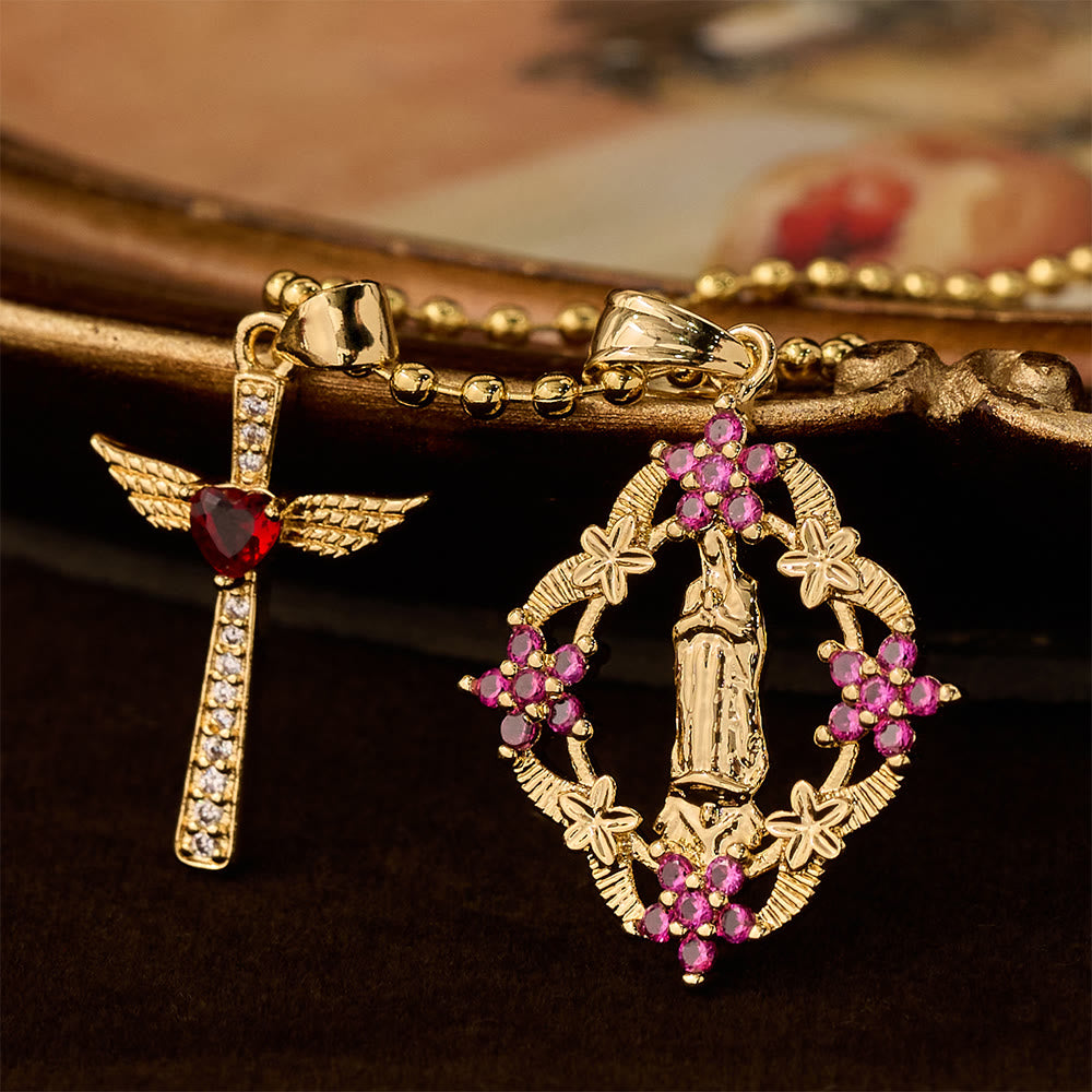Christianartworkshop Ornate Our Lady & Winged Cross Faith Necklace Set: Emblem of Spiritual Protection - Winged Cross Our Lady - image 0