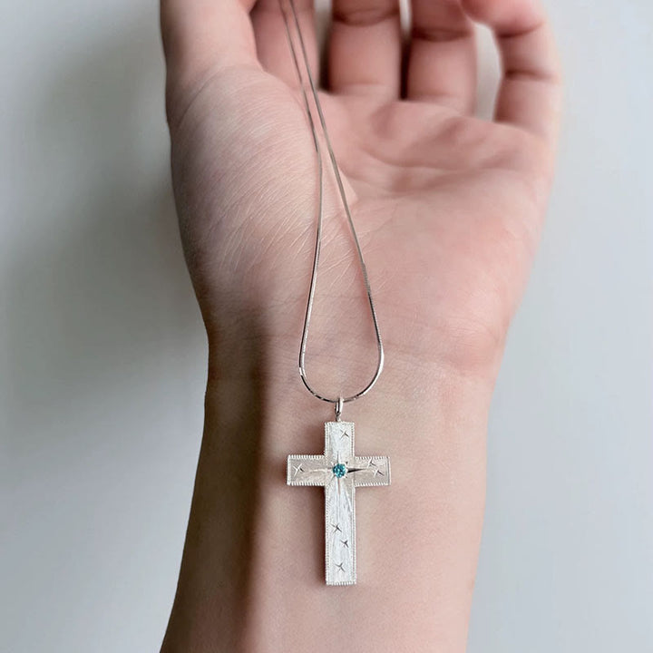Christianartworkshop Star-Engraved CZ Cross Pendant Necklace: Emblem of Divine Light & Faith - Blue - image 3