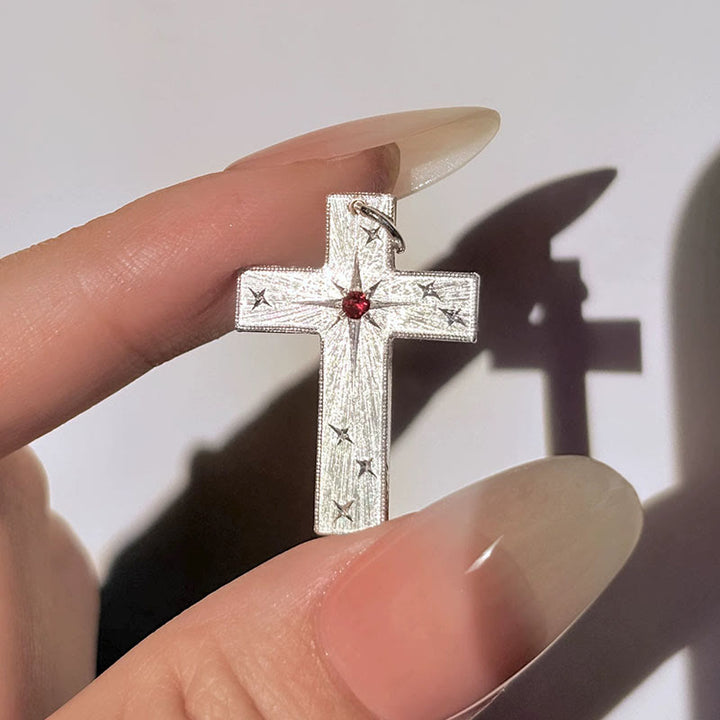Christianartworkshop Star-Engraved CZ Cross Pendant Necklace: Emblem of Divine Light & Faith - Red - image 0