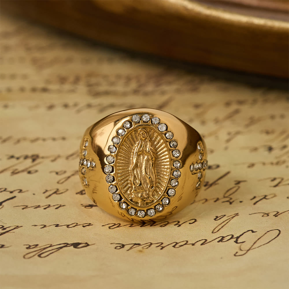 Christianartworkshop Bold Our Lady Cross Signet Ring: Anchor Your Heart in Marian Faith - Golden - US 14 - image 1