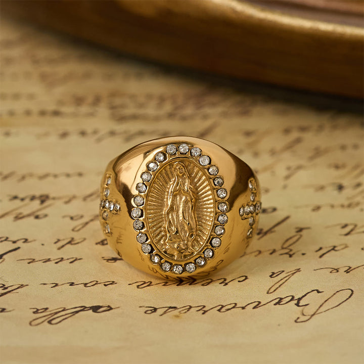 Christianartworkshop Bold Our Lady Cross Signet Ring: Anchor Your Heart in Marian Faith - Golden - US 14 - image 1