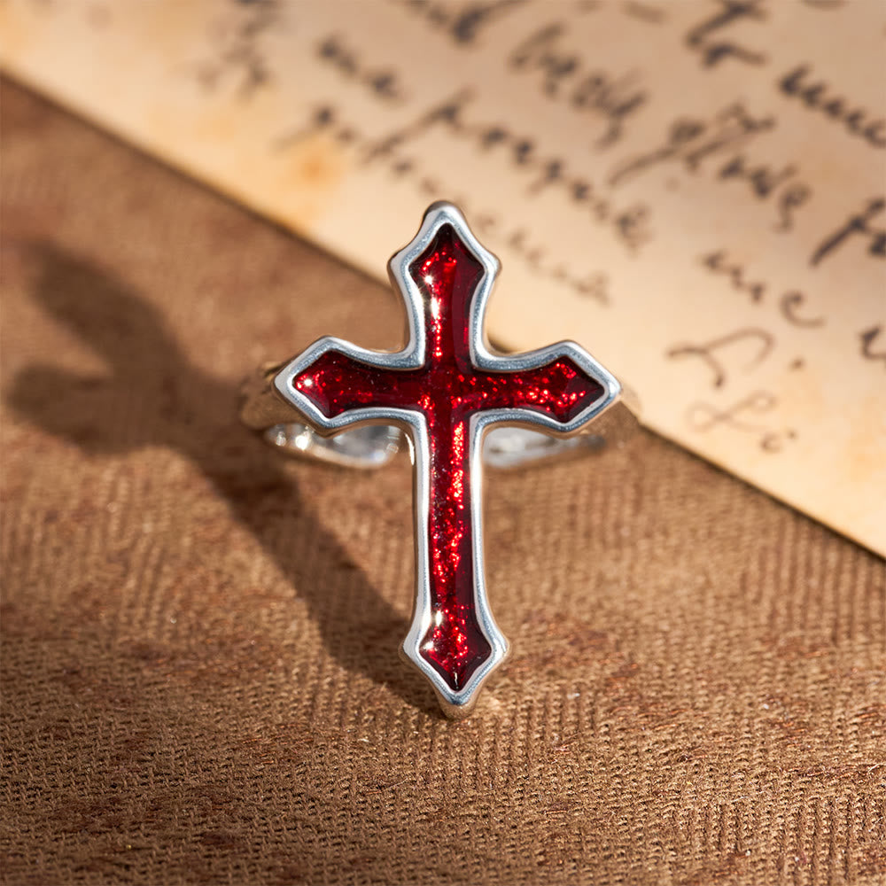 Christianartworkshop Four-Color Enamel Cross Open Ring: Emblem of Faith’s Light - Red - image 4
