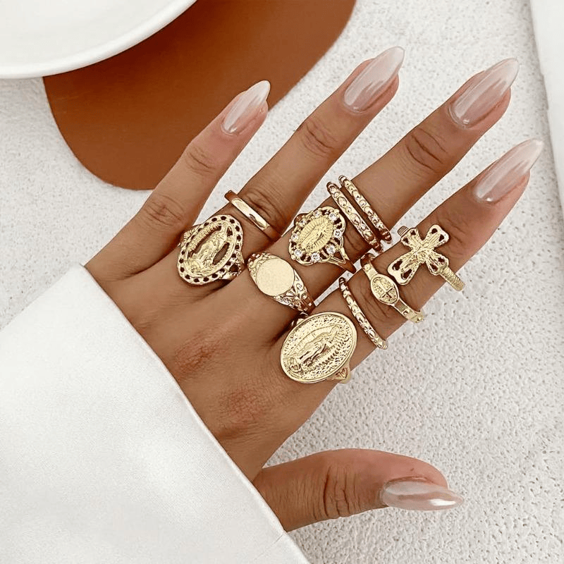 Christianartworkshop Golden & Silver Marian Cross Ring Set: A Token of Heavenly Devotion - Golden - image 0