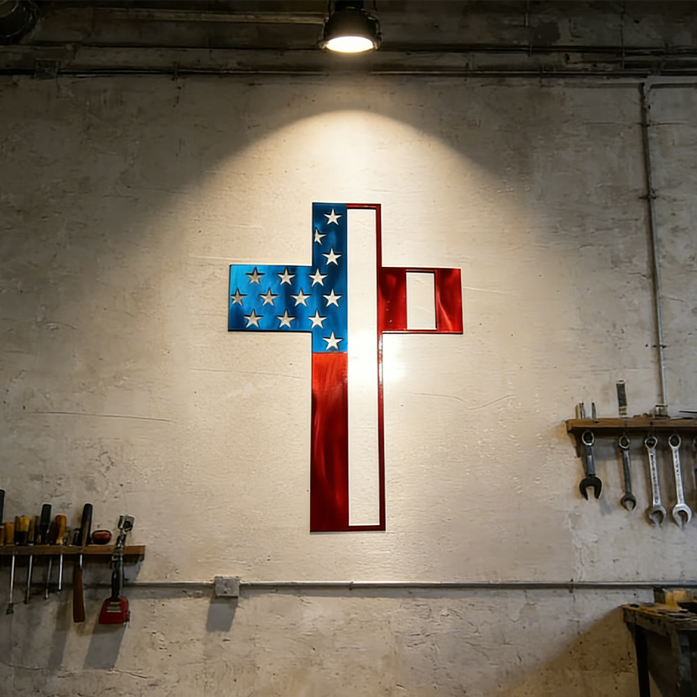 Christianartworkshop Star-Striped Cross Metal Wall Decor: Timeless Symbol of Faith and American Heritage - image 0