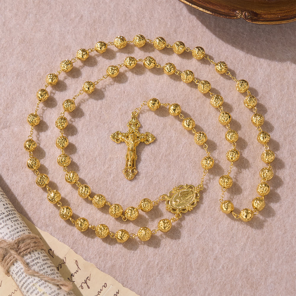 Christianartworkshop Engraved Rose Bead Our Lady Rosary with Crucifix: Symbol of Devout Prayer - image 1