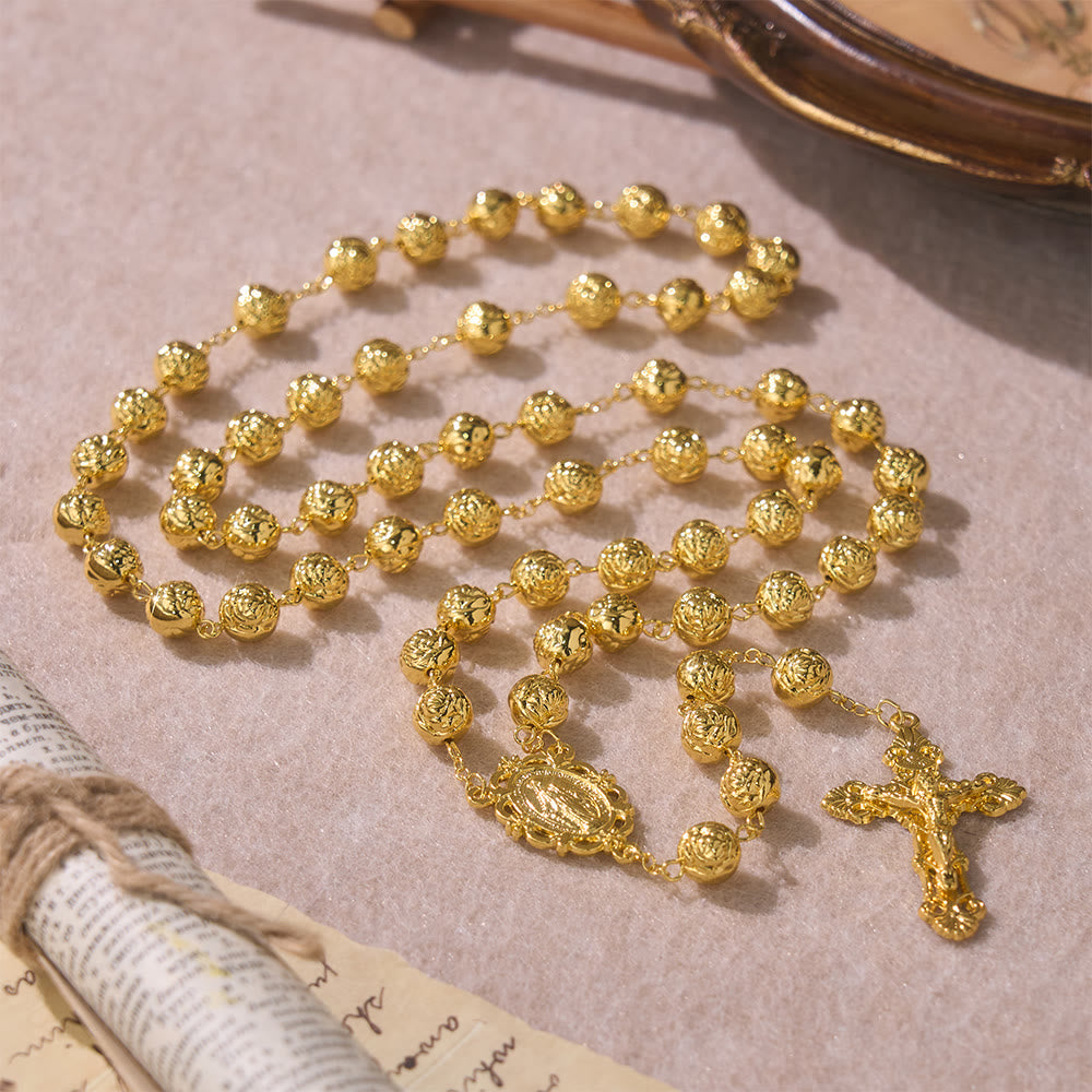 Christianartworkshop Engraved Rose Bead Our Lady Rosary with Crucifix: Symbol of Devout Prayer - Golden - image 0