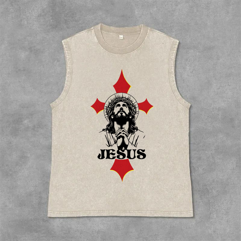 Christianartworkshop JESUS Unisex Washed Tank Top - Beige - 2XL - image 0