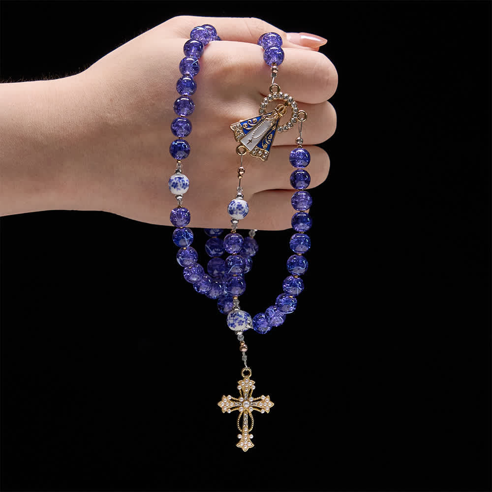 Christianartworkshop  Deep Blue Cracked Glass & Porcelain Beads Rosary with Our Lady of Aparecida Centerpiece - image 1