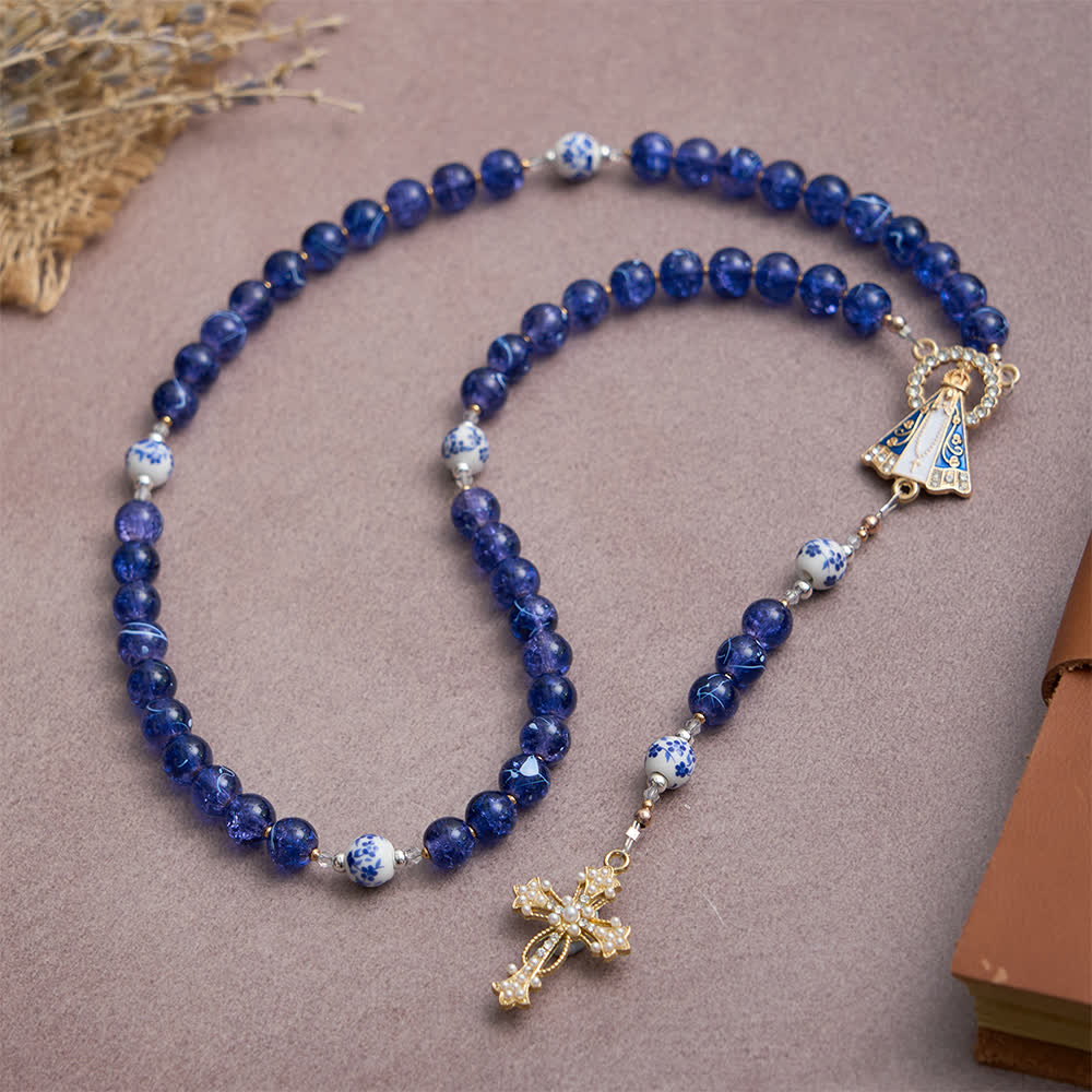 Christianartworkshop  Deep Blue Cracked Glass & Porcelain Beads Rosary with Our Lady of Aparecida Centerpiece - image 3