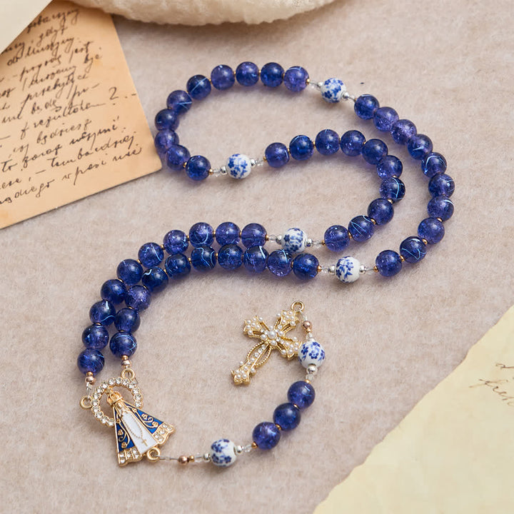 Christianartworkshop  Deep Blue Cracked Glass & Porcelain Beads Rosary with Our Lady of Aparecida Centerpiece - Our Lady & Crucifix - image 0