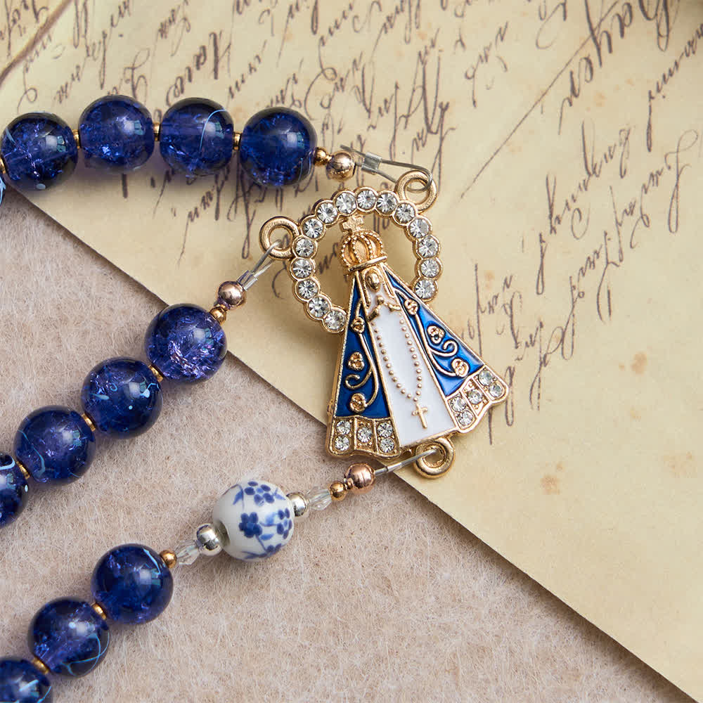 Christianartworkshop  Deep Blue Cracked Glass & Porcelain Beads Rosary with Our Lady of Aparecida Centerpiece - image 5