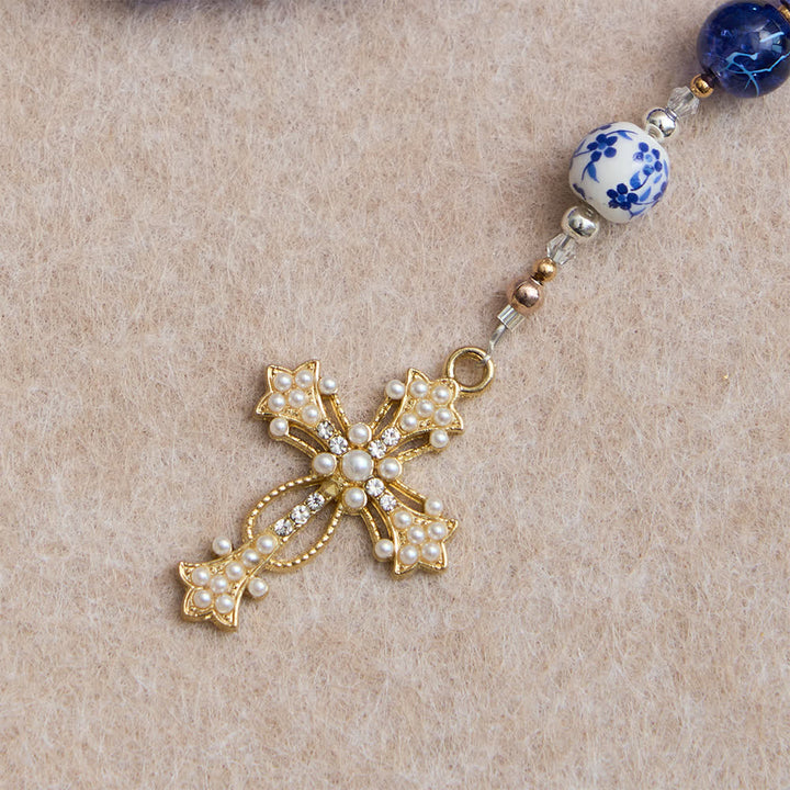 Christianartworkshop  Deep Blue Cracked Glass & Porcelain Beads Rosary with Our Lady of Aparecida Centerpiece - image 7