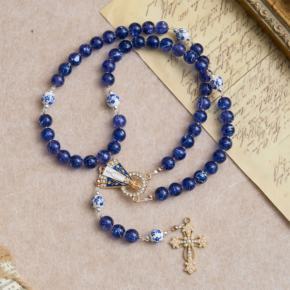 Christianartworkshop  Deep Blue Cracked Glass & Porcelain Beads Rosary with Our Lady of Aparecida Centerpiece - image 4