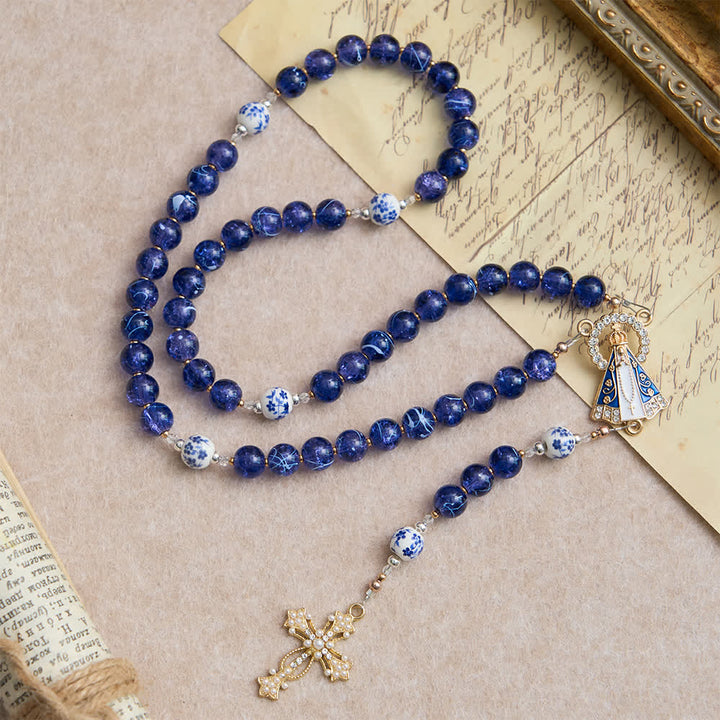 Christianartworkshop  Deep Blue Cracked Glass & Porcelain Beads Rosary with Our Lady of Aparecida Centerpiece - image 2
