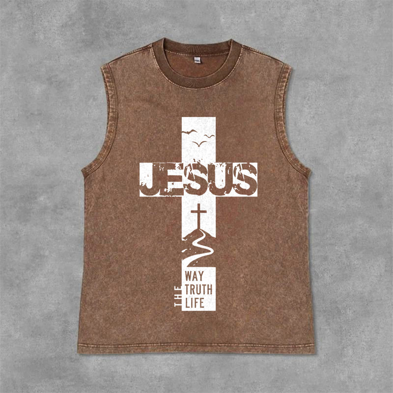 Christianartworkshop Jesus The Way The Truth The Life  Unisex Washed Tank Top - Brown - 2XL - image 0