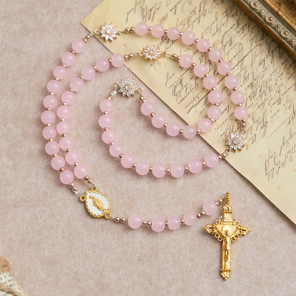 Christianartworkshop Light Pink Glass Rosary with Sunflower Our Father Beads & Our Lady Center - image 2