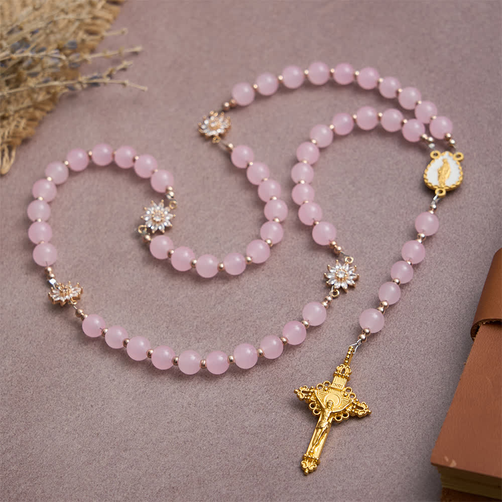 Christianartworkshop Light Pink Glass Rosary with Sunflower Our Father Beads & Our Lady Center - image 4