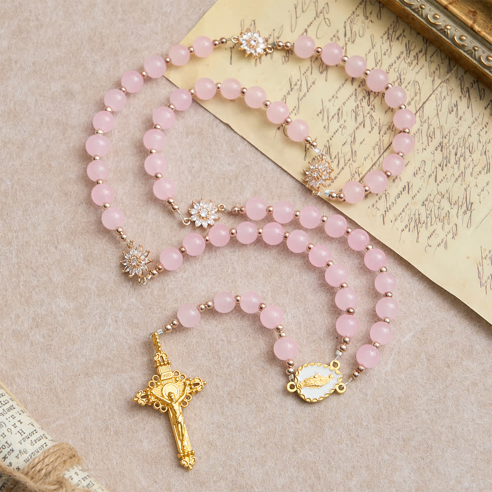 Christianartworkshop Light Pink Glass Rosary with Sunflower Our Father Beads & Our Lady Center - Our Lady & Crucifix - image 0