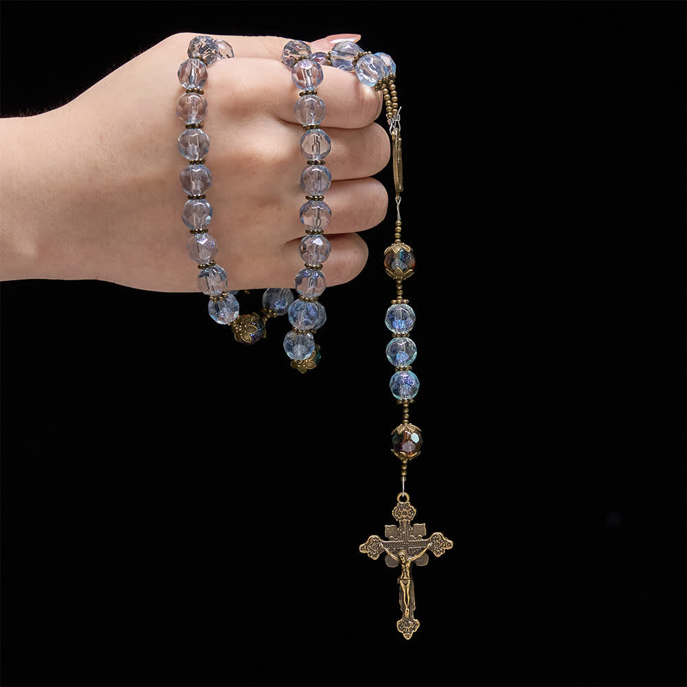 Christianartworkshop Antique Bronze Our Lady Heirloom Rosary with Iridescent Blue Glass - image 1