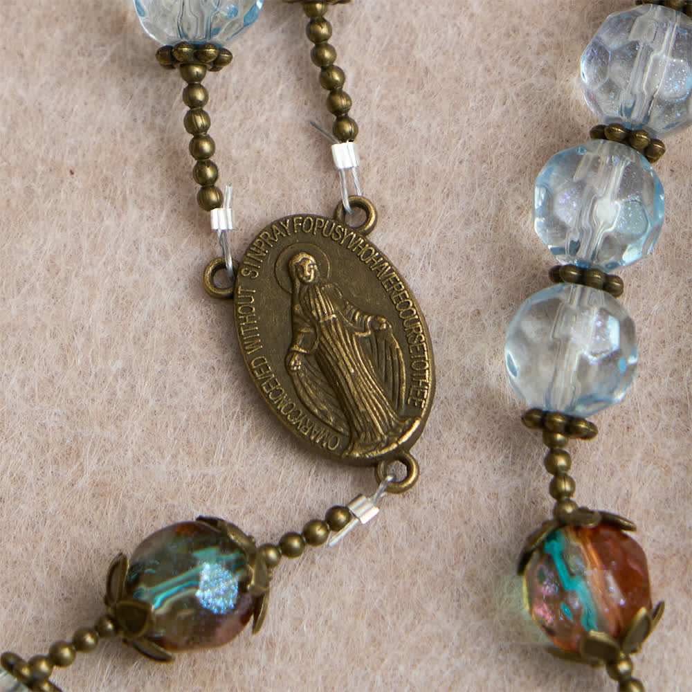 Christianartworkshop Antique Bronze Our Lady Heirloom Rosary with Iridescent Blue Glass - image 6