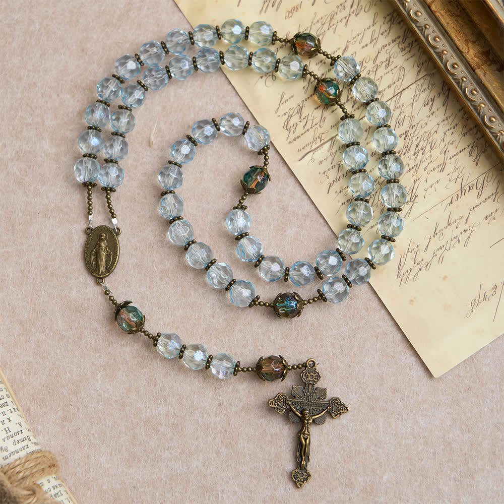 Christianartworkshop Antique Bronze Our Lady Heirloom Rosary with Iridescent Blue Glass - Our Lady & Crucifix - image 0