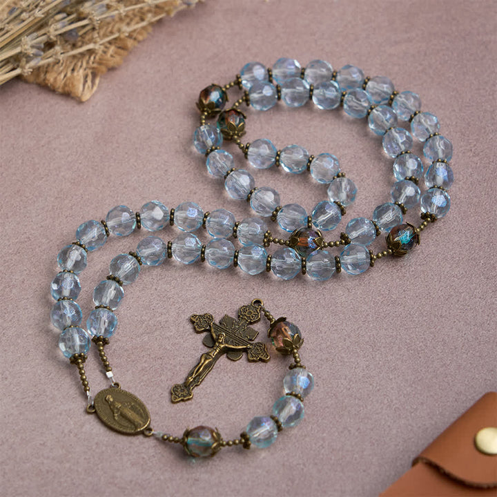 Christianartworkshop Antique Bronze Our Lady Heirloom Rosary with Iridescent Blue Glass - image 3