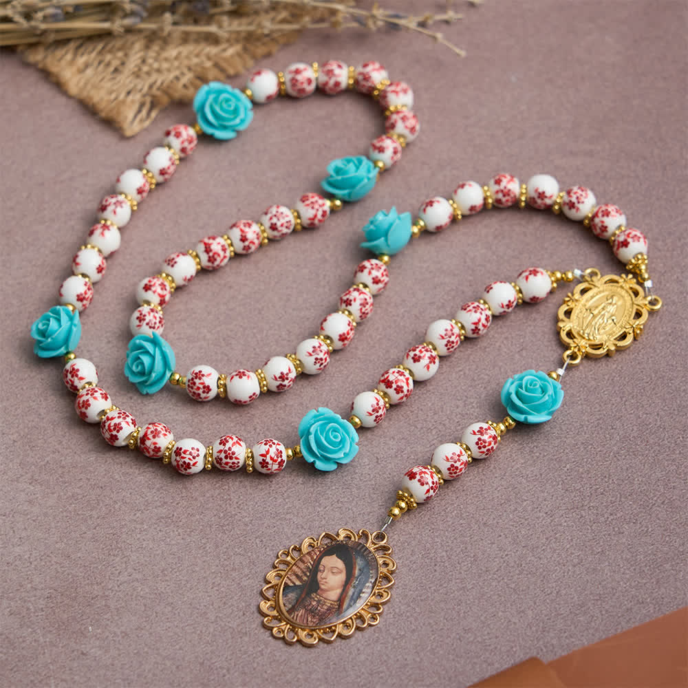Christianartworkshop Red & White Ceramic Beads with Turquoise Rose Seven Sorrow Rosary with Our Lady Medal - image 4