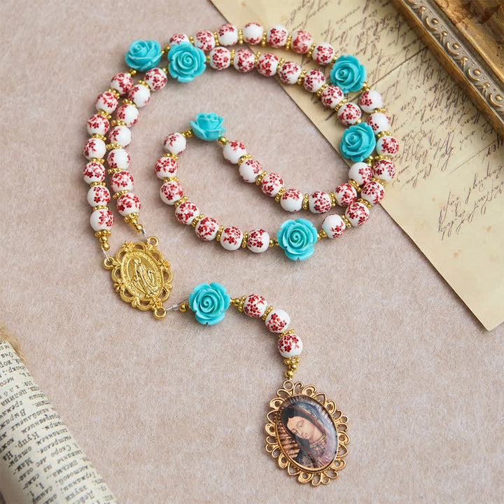 Christianartworkshop Red & White Ceramic Beads with Turquoise Rose Seven Sorrow Rosary with Our Lady Medal - image 3
